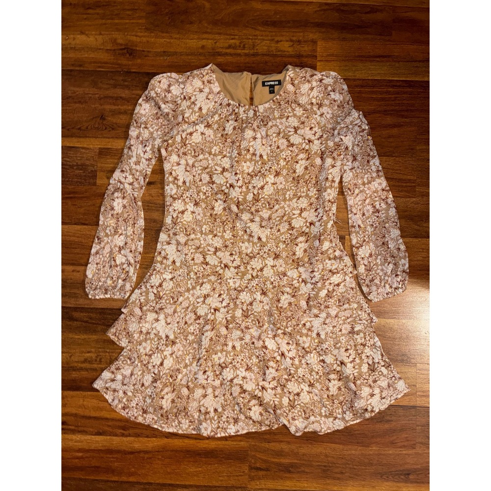 Express Floral Long Sleeve Tiered Ruffle Mini Dress Gold Metallic Tan Brown S
